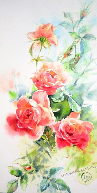 розы красные розовые картина цветы акварель художник Цурина Ольга